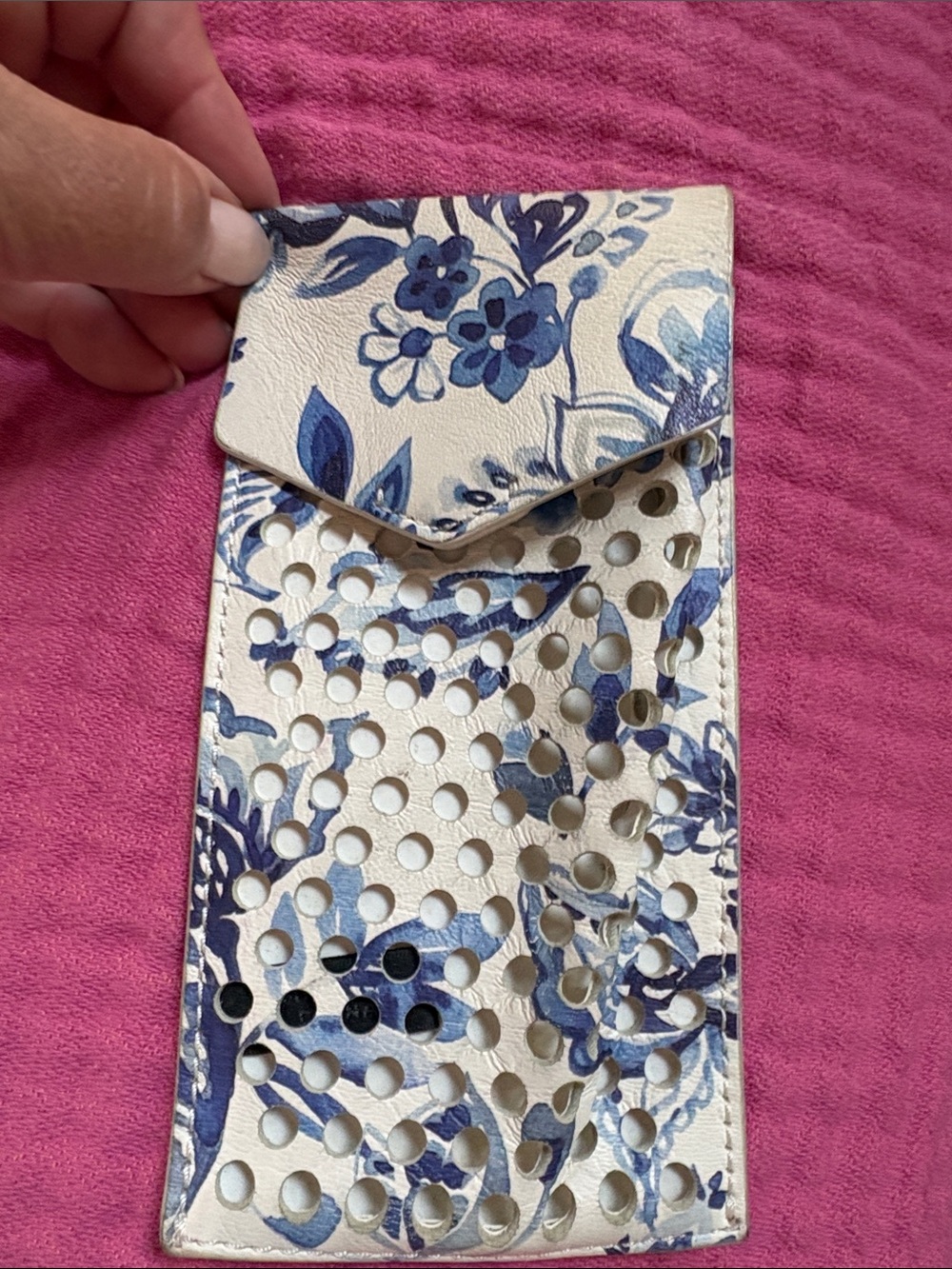 Loeffler Randall White Leather Phone Sleeve with Blue Floral Print